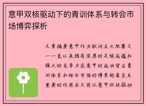意甲双核驱动下的青训体系与转会市场博弈探析