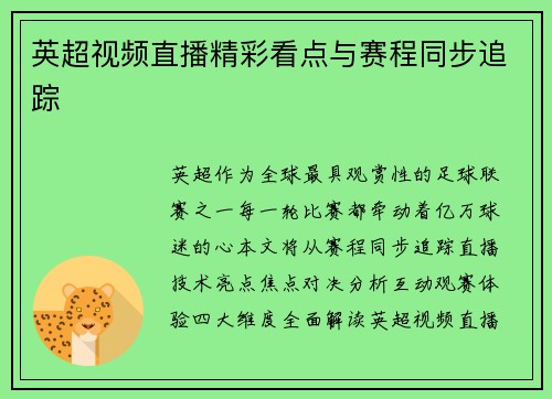 英超视频直播精彩看点与赛程同步追踪